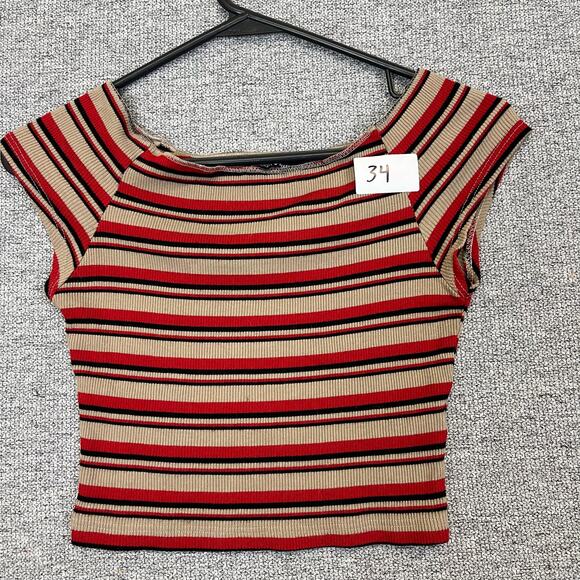 Brandy Melville Maroon Beige Black Striped Crop Top Off Shoulder Shirt Fits XS - Picture 7 of 7